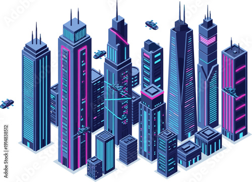 Isometric Futuristic City with Neon Skyscrapers and Flying Vehicles Science Fiction Concept