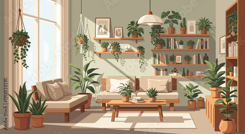 Inviting living room interior design filled with a vibrant collection of houseplants, bathed in natural light, offering a refreshing and cozy atmosphere