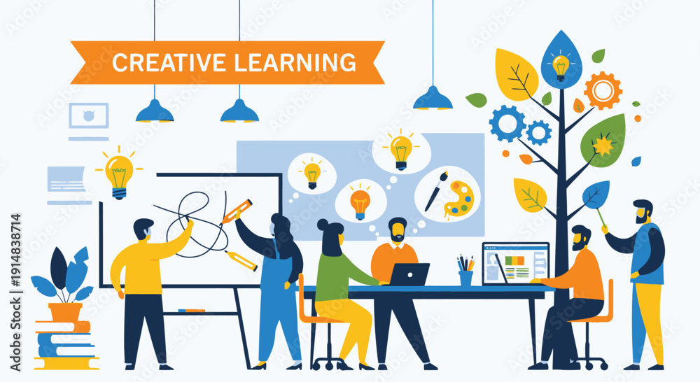 Naklejka premium Creative Learning Studio with Team Collaboration and Light Bulb Motifs