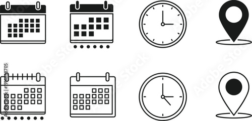 Set of black and white vector icons featuring calendar date, clock time, and map location pin symbols for scheduling appointments and event planning.