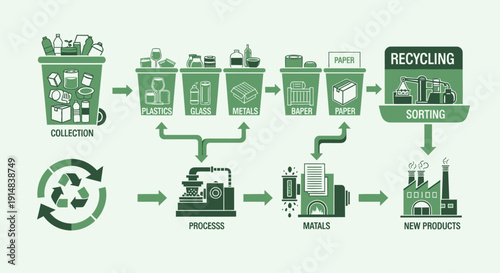 Comprehensive Infographic Detailing the Circular Economy Recycling Process from Waste Collection to New Product Manufacturing for Sustainability