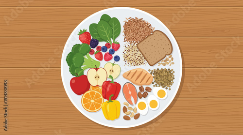 A balanced plate of nutritious food including fruits, vegetables, grains, protein, and eggs, promoting healthy eating habits