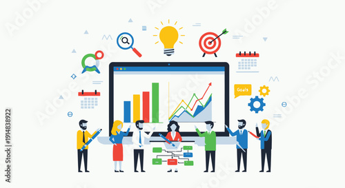 Team of professionals analyzing data on a large monitor with charts