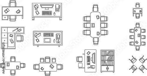Office Furniture Top View Set, Flat Vector Illustration of Desks and Meeting Tables for Floor Plan