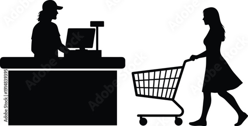 Black Silhouette of Female Customer with Shopping Cart Approaching Cashier at Supermarket Checkout Counter Vector Illustration Isolated on White Background for Retail Business