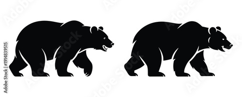 Two black silhouette grizzly bears walking side by side on a white background.