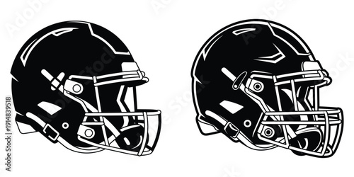Two black and white American football helmets facing left and right on a white background.