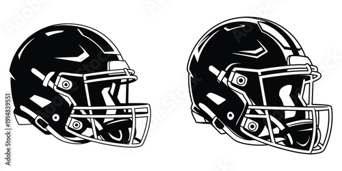 Two black and white American football helmets facing left and right on a white background.
