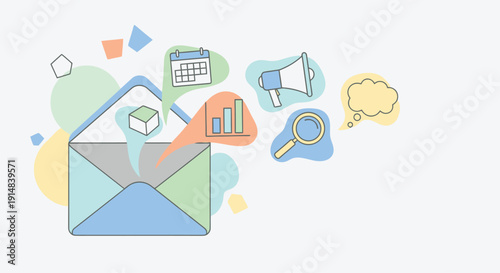 Email envelope with communication icons and speech bubbles for marketing and outreach