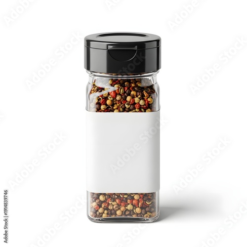 Glass Spice Jar with Mixed Peppercorns and Blank Label on White Background.