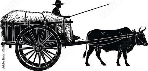 Black and white vector silhouette of a traditional farmer sitting on a wooden bullock cart loaded with hay driven by an ox on white background