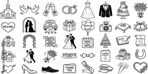 Set of wedding icons in simple outline style for design and celebration