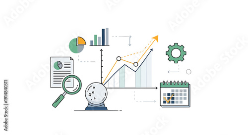 Vector illustration of business analytics and planning icons including clock, calendar, magnifying glass, and graphs on transparent background