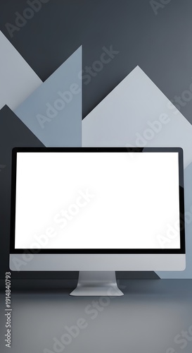 Modern Desktop Computer with Blank White Screen on a Stylish Geometric Background.
