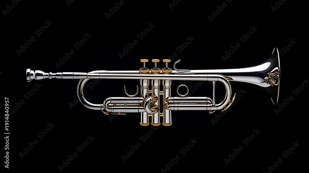 Obraz premium Shiny silver trumpet with gold accents on black background
