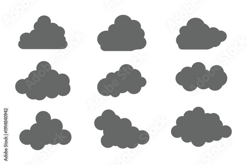 cloud set. Cartoon white cloudy icon set. Simple abstract tag space concept. Cute and fun paper clouds. Cloud vector graphic design. A set of clouds illustration in the sky in black silhouette. EPS 10