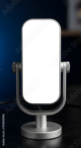 Modern smartphone in a sleek, minimalist stand, resembling a vintage microphone, with a blank white screen for custom content display.