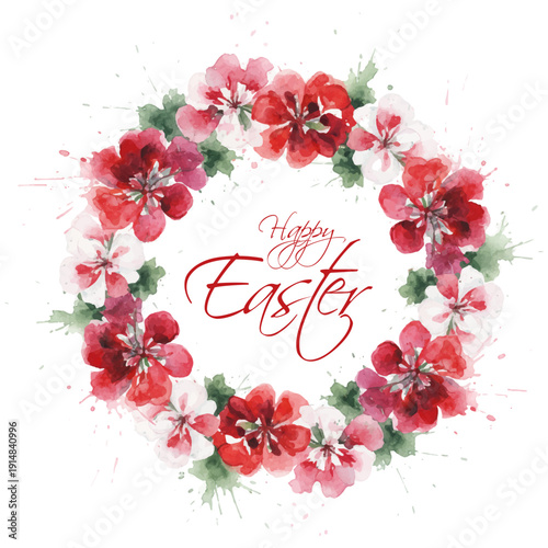 Easter floral wreath with red and white watercolor flowers. Beautiful Easter ...