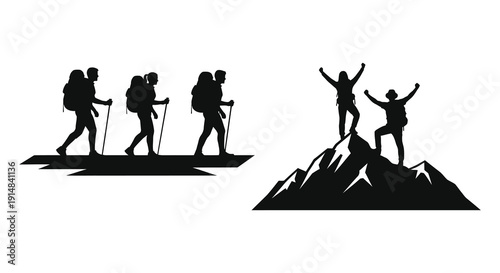 A group of hikers ascend a mountain culminating in a victorious pose depicted as a silhouette on transparent background high quality