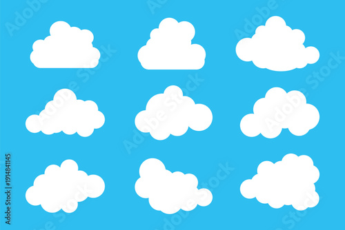Abstract vector white cloud silhouette collection in cute flat cartoon style for web background. Nature sky, cloud pattern, fume or misty fog art. Food smoke, cloud texture and weather element symbol.