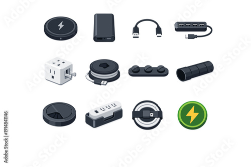 Hub bank compact power cable splitter vector tech sleeve icon grommet wireless