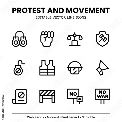 Protest Line Icon Set – Modern minimal vector collection for activism, demonstration, and social justice movements. Professional line art.