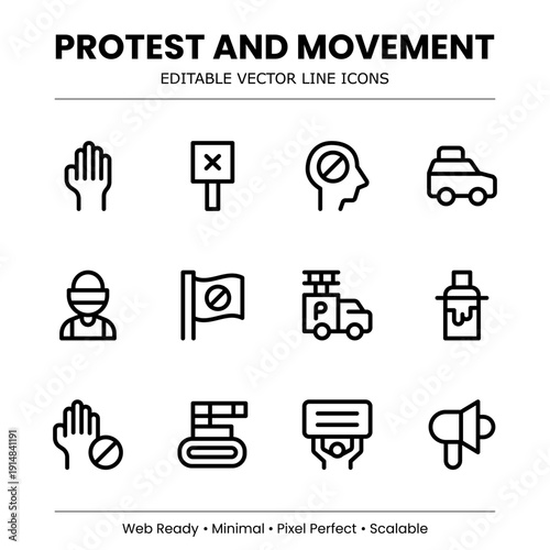 Protest Line Icon Set – Modern minimal vector collection for activism, demonstration, and social justice movements. Professional line art.