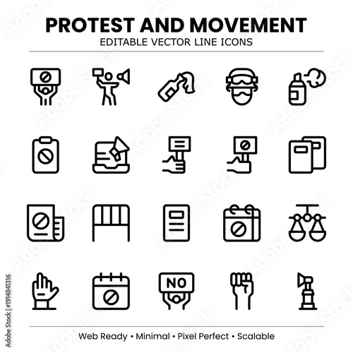 Protest Line Icon Set – Modern minimal vector collection for activism, demonstration, and social justice movements. Professional line art.