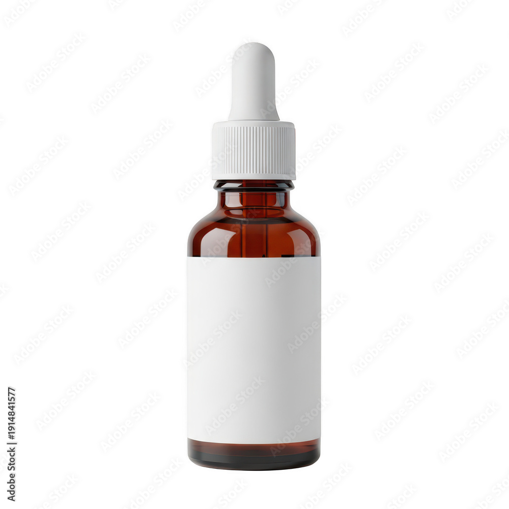 Fototapeta premium A clear glass dropper bottle with a white cap and a white dropper isolated on transparent background