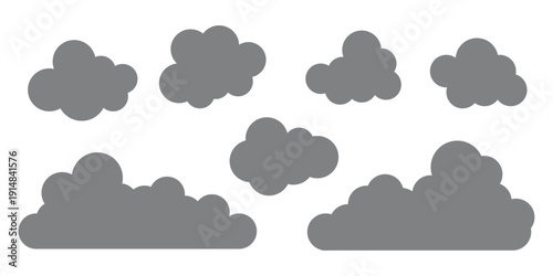 Cartoon white clouds icon set isolated on blue background. Cloudscape in flat style. Blue sky cloud weather symbol. Vector illustration cloudy panorama. Cloud shapes design vector set. 