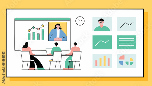 Flat illustration of corporate boardroom with laptop and video conference business meeting with graph and chart presentation on screen