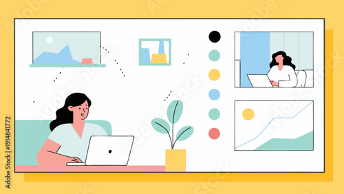 Woman working from home on laptop with video call remote work setup online meeting telecommuting home office productivity business communication technology