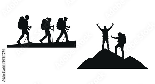 A group of hikers ascending mountains with one reaching the peak in celebration on transparent background silhouette high quality professional detailed