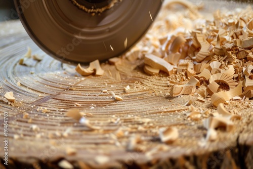 Power tool cutting wood creating woodchips in carpentry workshop