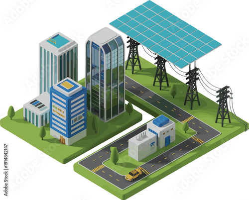 Isometric smart energy city with solar canopy power grid modern buildings and sustainable infrastructure clean technology illustration