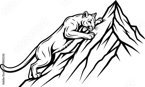 Mountain lion climbing rocky peak vector illustration, wild cougar silhouette design, monochrome wildlife predator graphic, nature adventure logo, tattoo style artwork