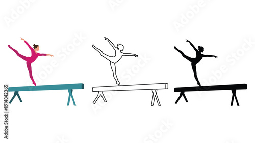 Gymnast balances gracefully on a beam in dynamic poses, showcasing strength and agility