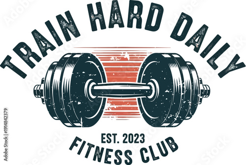 Train hard daily fitness club logo with silhouette dumbbell
