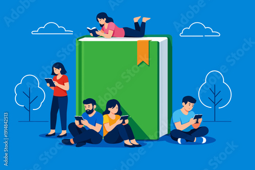 Digital and Traditional Reading Concept: Diverse Group of Students and Adults Learning with Books and E-Readers, Centered on a Giant Textbook. Education and Literacy Illustration.