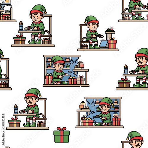 Cartoon Elf Assembling Toy at Workshop.