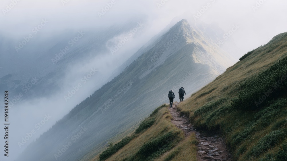 Obraz premium Hikers trekking up a sunlit mountain trail