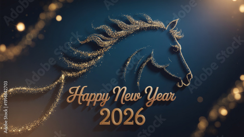 Golden Horse Greeting: A sophisticated digital art piece features an ornate golden horse with the message Happy New Year 2026, set against a deep blue background with festive bokeh.