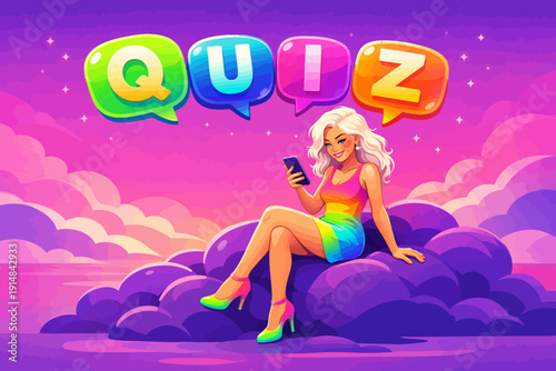 Vibrant Quiz Mobile Game Illustration: Young Woman Playing Trivia on Smartphone in a Neon Fantasy World.