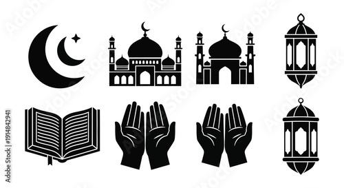 A collection of islamic symbols including a crescent moon mosque book and hands in silhouette on transparent background high quality professional
