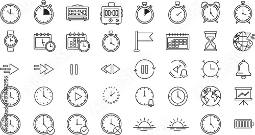 Time and Clock web icons in line style. Calendar, timer, time, stopwatch, countdown, collection. Editable stroke. Vector illustration.