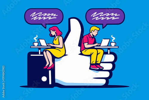 Social Media Like Icon with Man and Woman Working on Laptops. Digital Networking and Online Communication Concept Illustration.