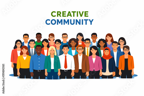 Creative Community of Diverse Professionals. Multicultural Teamwork and Collaboration. Group of Inclusive People Flat Vector Illustration.