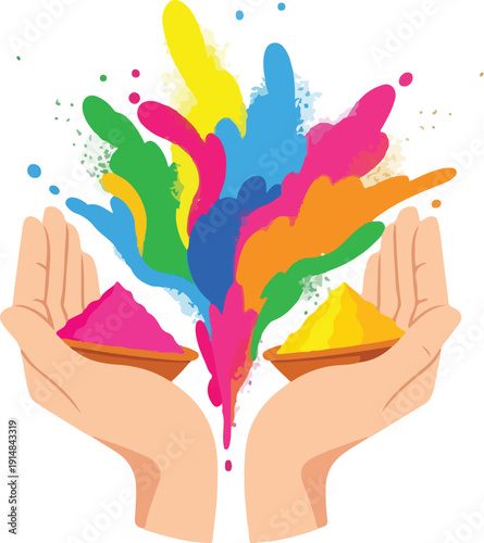 Illustration of hands holding two bowls of colored powder with vibrant paint splashes on a white background.