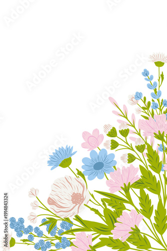Floral frame with wild flowers. Botanical design, horizontal decoration. Blossoms, leaves, summer nature. Meadow wildflowers mix, decor. Flat vector illustration isolated on white background.