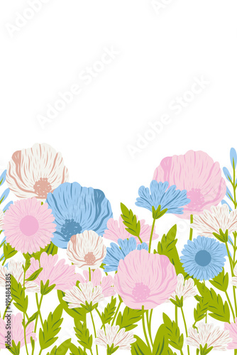 Floral frame with wild flowers. Botanical design, horizontal decoration. Blossoms, leaves, summer nature. Meadow wildflowers mix, decor. Flat vector illustration isolated on white background.